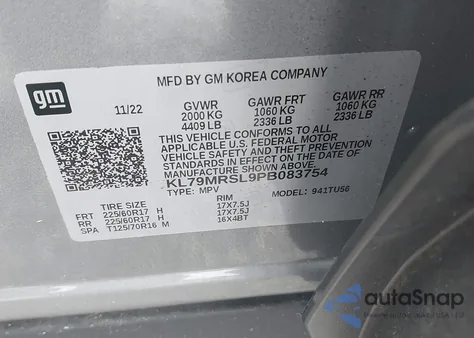 2023 Chevrolet Trailblazer Awd Lt z USA, uszkodzony, nr VIN KL79MRSL9PB083754